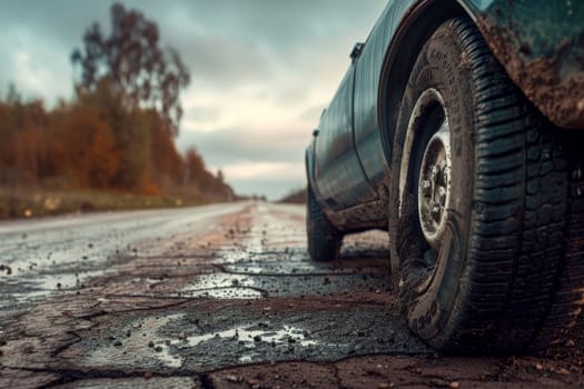 A car tire is shown on a road with a cracked surface.