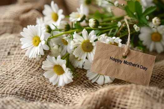 A bouquet of white flowers with a tag that says Happy Mother's Day.