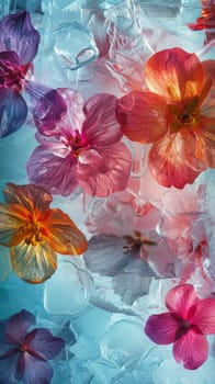 Floral ice art with vibrant flowers encapsulated in frozen water.