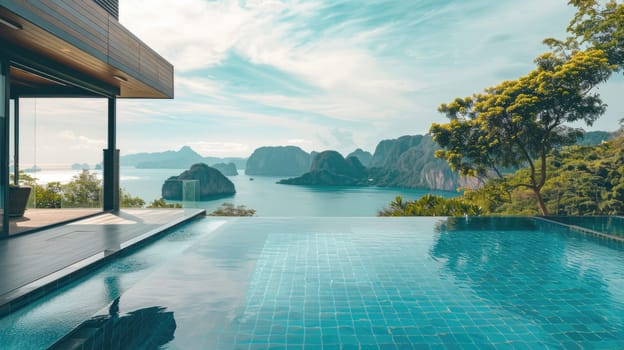 A wide shot of an infinity pool overlooking a stunning landscape, like mountains or the ocean