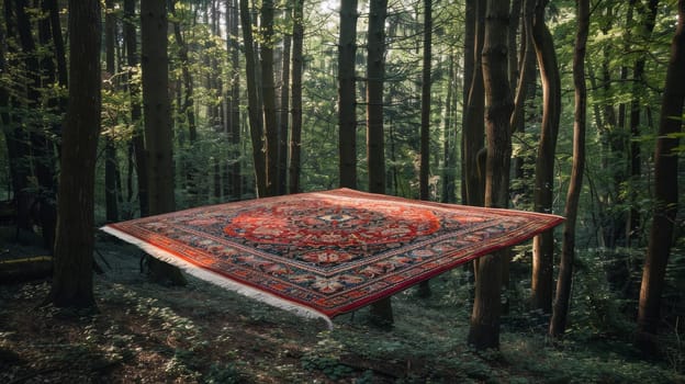 Oriental rug floating in a serene forest