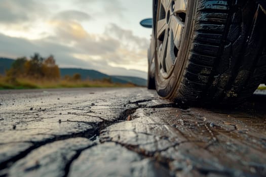 A car tire is shown on a road with a cracked surface. The tire is wet and has a lot of mud on it. Concept of danger and caution, as the road is not in good condition