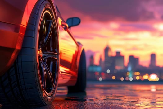 A red car with a black tire is parked on a city street. The city skyline is visible in the background, and the sky is a beautiful mix of pink and orange hues. Concept of luxury and sophistication