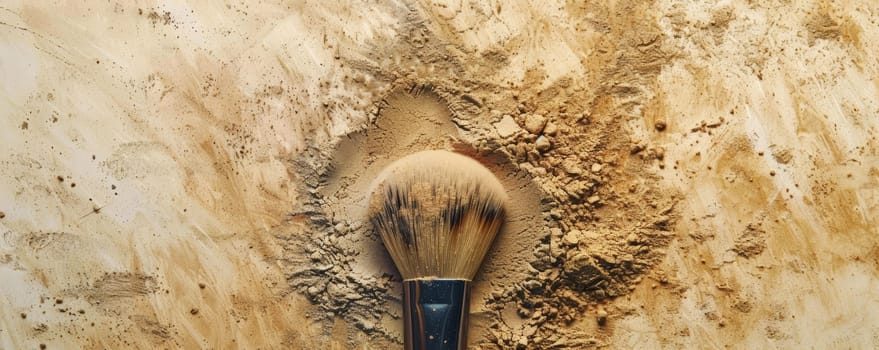 Makeup brush on a textured powder foundation background