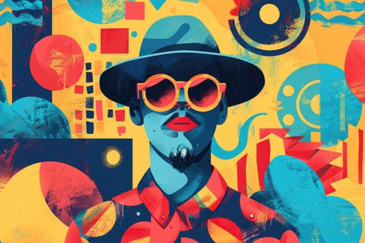 A man with a hat and sunglasses is surrounded by various shapes and colors