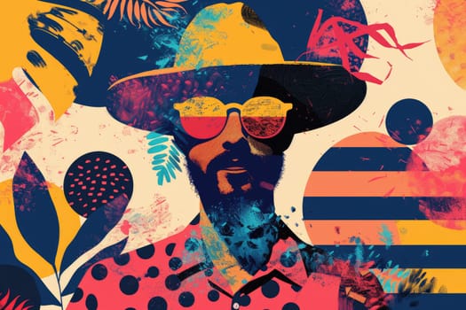 A man with a hat and sunglasses is surrounded by various shapes and colors