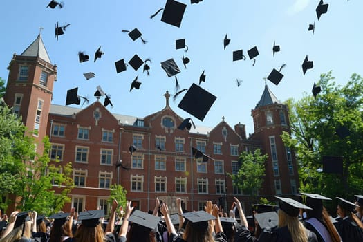 Group of university students in black gowns, throwing up their hats in the air