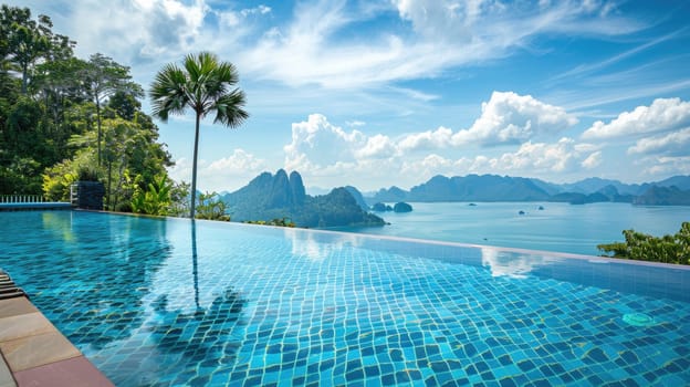 A wide shot of an infinity pool overlooking a stunning landscape, like mountains or the ocean