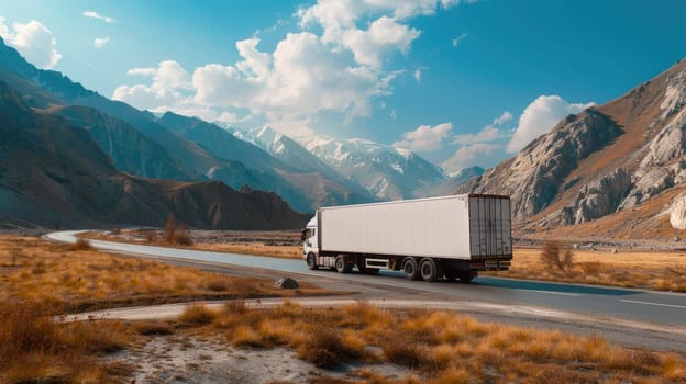 Delivery truck with long empty banner for mockup drives on highway. Transportation logistic concept