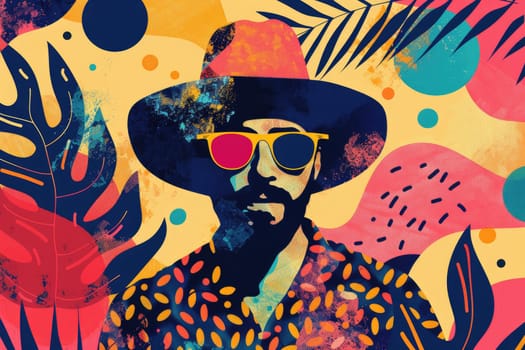 A man with a hat and sunglasses is surrounded by various shapes and colors