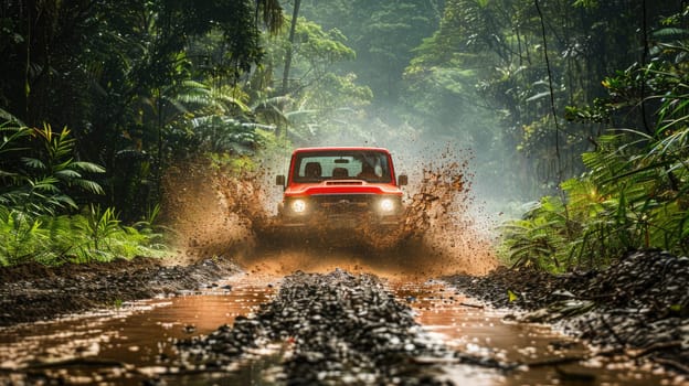 A bright red 4x4 truck splashes through a muddy trail in a lush green forest,