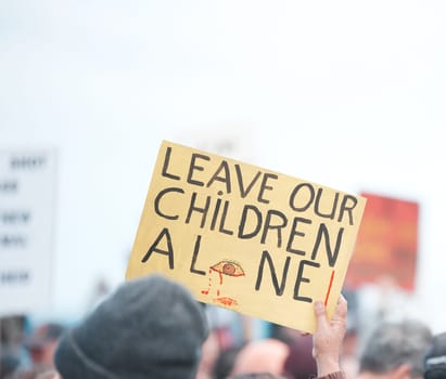 Sign, politics and placard for children rights and human trafficking in United States. Demonstration, protest and campaign for justice in country against kidnapping for awareness, protection by state.