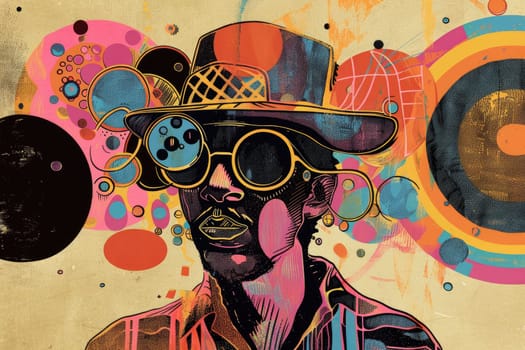 A man with a hat and sunglasses is surrounded by various shapes and colors