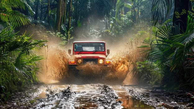 A bright red 4x4 truck splashes through a muddy trail in a lush green forest,