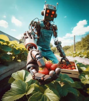 robot working in farm vegetable garden to grow produce for human consumption ai generated