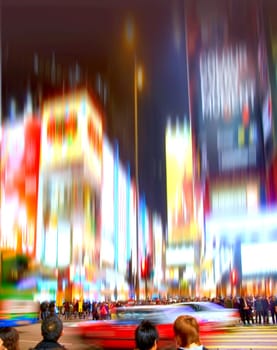 Traffic, people and motion blur in New York for travel, transportation and cityscape at night. Pedestrians, sidewalk and journey in USA for tourism, adventure and bright lights in city with glow.