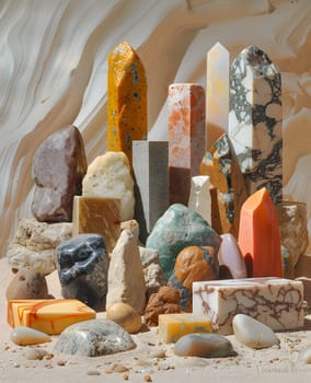 A collection of rocks decorates the sandy landscape, creating a unique artistic display. The rocks symbolize history and strength in the outdoor art installation