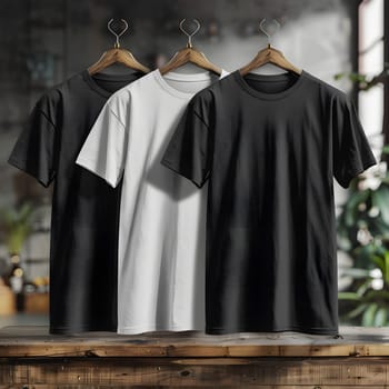 Three tshirts, each with a unique fashion design, are displayed on a wooden table using clothes hangers. The tops include a jersey, active shirt, and patterned sleeve shirt