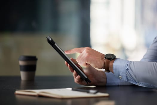 Businessman, tablet and hands in office typing for communication, corporate research and blog post. Male person, tech or notebook on desk working on online plan for website, social media or sales.