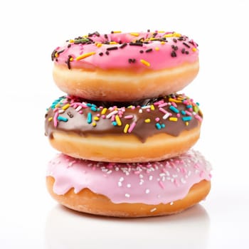 Three Doughnuts. Photo in Minimal Style. Mixed Frosted Sprinkled Donuts on White Backdrop.