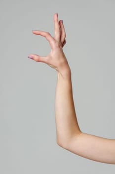 Female hand sign against gray background in studio close up