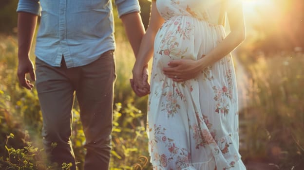 Unrecognizable pregnant couple taking a walk in nature and holding hands showing love.