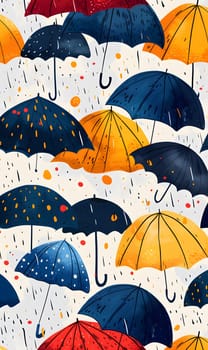 A photograph capturing a seamless pattern of colorful umbrellas in the rain. The white, light blue, black, and yellow umbrellas create a beautiful contrast against the natural backdrop