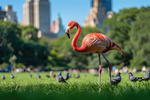 A vibrant red flamingo gracefully walks across the lush green grass of Central Park