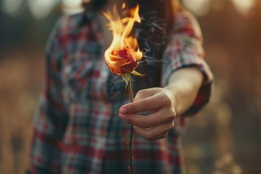 photo of Rose in from of burn on fire on left hand, minimalistic background