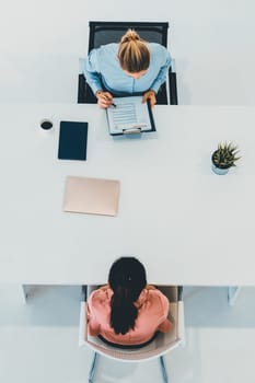 Two young business women in meeting at office table for job application and business agreement. Recruitment and human resources concept. uds