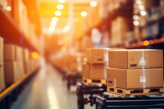 Business background Blurry warehouse on background Transporting product boxes