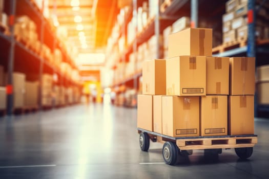 Business background Blurry warehouse on background Transporting product boxes