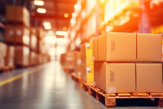 Business background Blurry warehouse on background Transporting product boxes