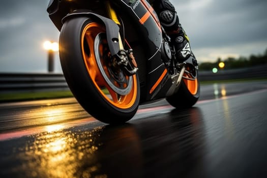 Close up shot of a tire of a motorcycle going on the road with a motion blur