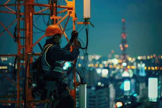 Helmeted male engineer works in the field with a telecommunication tower