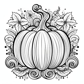 Black and white pumpkin with flowers and decorations around, coloring book. Pumpkin as a dish of thanksgiving for the harvest, picture on a white isolated background. Atmosphere of joy and celebration.