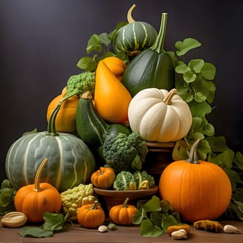 Elegantly arranged pumpkins and other vegetables on a dark background. Pumpkin as a dish of thanksgiving for the harvest. An atmosphere of joy and celebration.