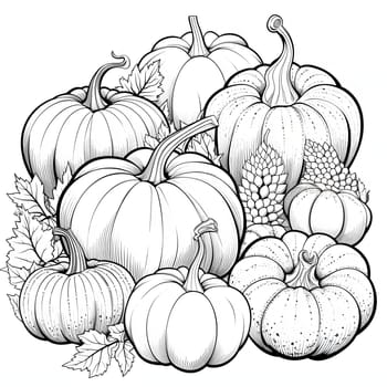 Black and white coloring book, a dozen pumpkins and leaves. Pumpkin as a dish of thanksgiving for the harvest, picture on a white isolated background. Atmosphere of joy and celebration.