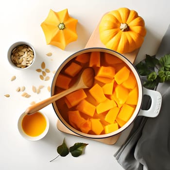 Top view of pumpkin soup around seeds and pumpkins dark background. Pumpkin as a dish of thanksgiving for the harvest. An atmosphere of joy and celebration.