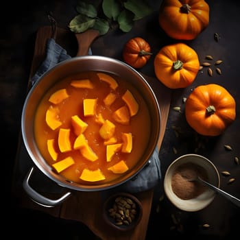 Top view of pumpkin soup around seeds and pumpkins dark background. Pumpkin as a dish of thanksgiving for the harvest. An atmosphere of joy and celebration.