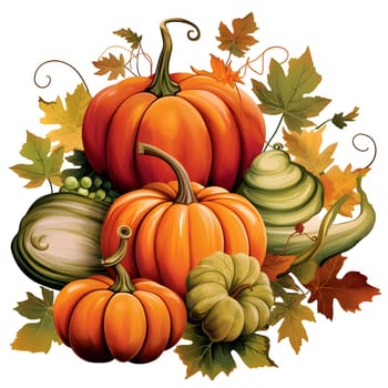 Illustration of pumpkins and autumn leaves. Pumpkin as a dish of thanksgiving for the harvest, picture on a white isolated background. Atmosphere of joy and celebration.