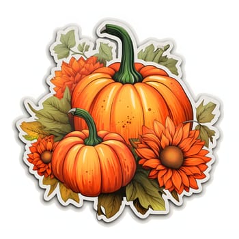 Sticker, pumpkins flowers and leaves. Pumpkin as a dish of thanksgiving for the harvest, picture on a white isolated background. Atmosphere of joy and celebration.