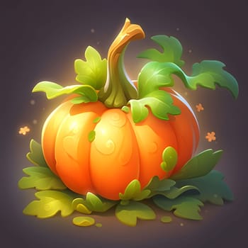 Fairy tale illustration of a pumpkin with leaves on a dark background. Pumpkin as a dish of thanksgiving for the harvest. An atmosphere of joy and celebration.