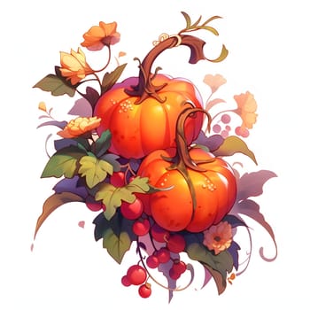 Sticker of pumpkin flowers leaves. Pumpkin as a dish of thanksgiving for the harvest, picture on a white isolated background. Atmosphere of joy and celebration.
