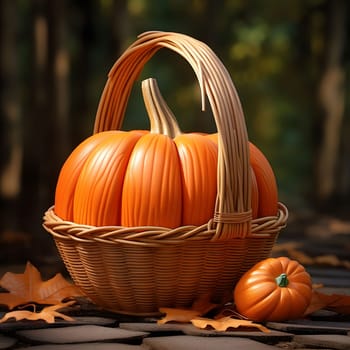Large orange photos in a wicker basket. Blurred background. Pumpkin as a dish of thanksgiving for the harvest. An atmosphere of joy and celebration.