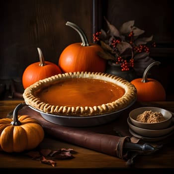 Pumpkin cake, around pumpkins, dark background. Pumpkin as a dish of thanksgiving for the harvest. An atmosphere of joy and celebration.