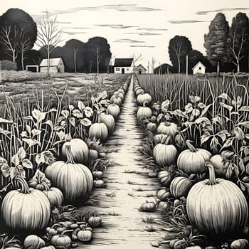 Black and white pumpkin field, shriveled trees and farm. Pumpkin as a dish of thanksgiving for the harvest. An atmosphere of joy and celebration.