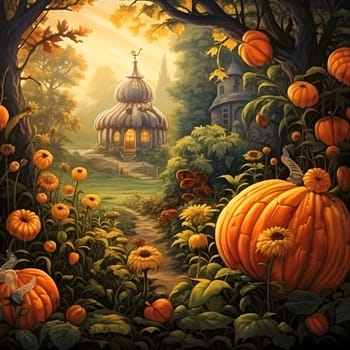 Illustration. Unusual tall flowers, pumpkins and a fairy-tale greenhouse house in the background. Pumpkin as a dish of thanksgiving for the harvest. An atmosphere of joy and celebration.
