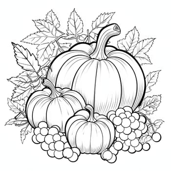 Black and White coloring book of pumpkins, leaves and grapes. Pumpkin as a dish of thanksgiving for the harvest, picture on a white isolated background. Atmosphere of joy and celebration.