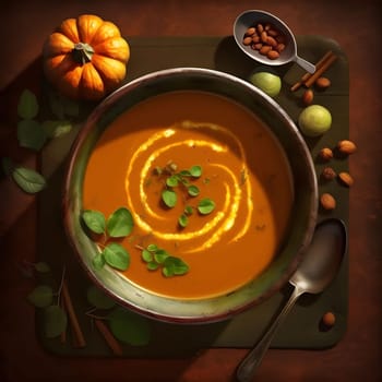 Top view of pumpkin soup, around the spices of the spoon leaves. Pumpkin as a dish of thanksgiving for the harvest. An atmosphere of joy and celebration.